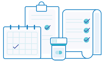 Illustration of a calendar, clipboard, prescription drug bottle, and list with checkmarks